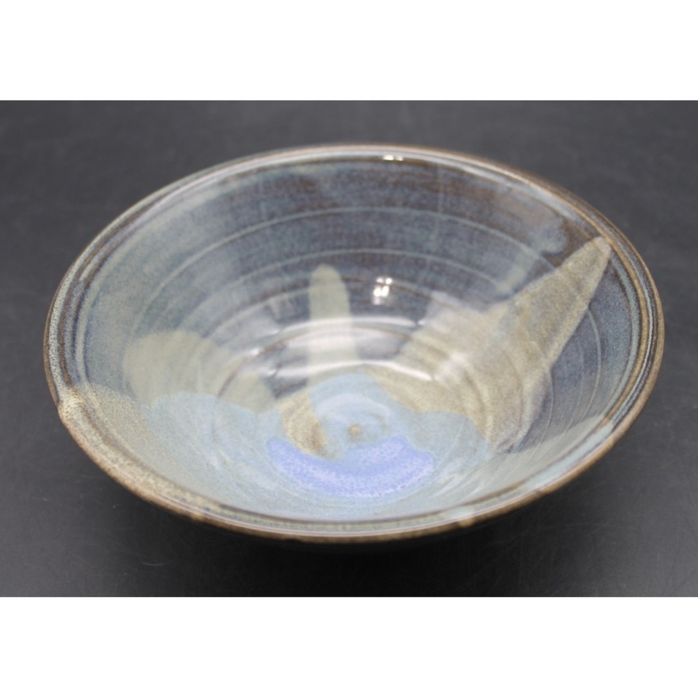 Signed Studio Pottery Bowl Blue Gray Striped Glaze Handmade Art Pottery 6.75"